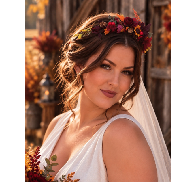 Purple, Burgundy & Orange Flower Crown | Sunflower Headband for Fall Weddings