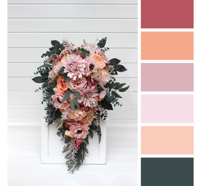 Romantic Cascading Wedding Bouquet in Dusty Rose, Blush Pink & Peach