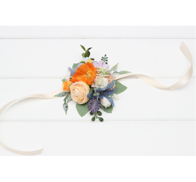 Colorful Wedding Flower Bracelet in Peach, Dusty Blue, Ivory & Orange