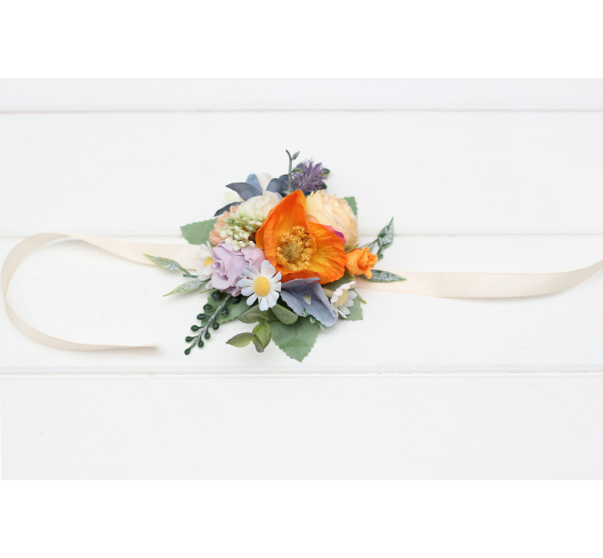 Colorful Wedding Flower Bracelet in Peach, Dusty Blue, Ivory & Orange