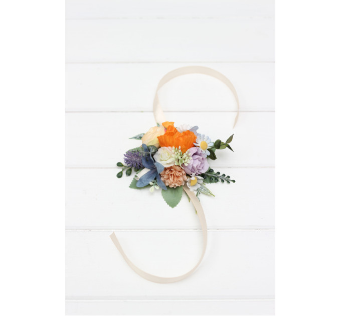 Colorful Wedding Flower Bracelet in Peach, Dusty Blue, Ivory & Orange