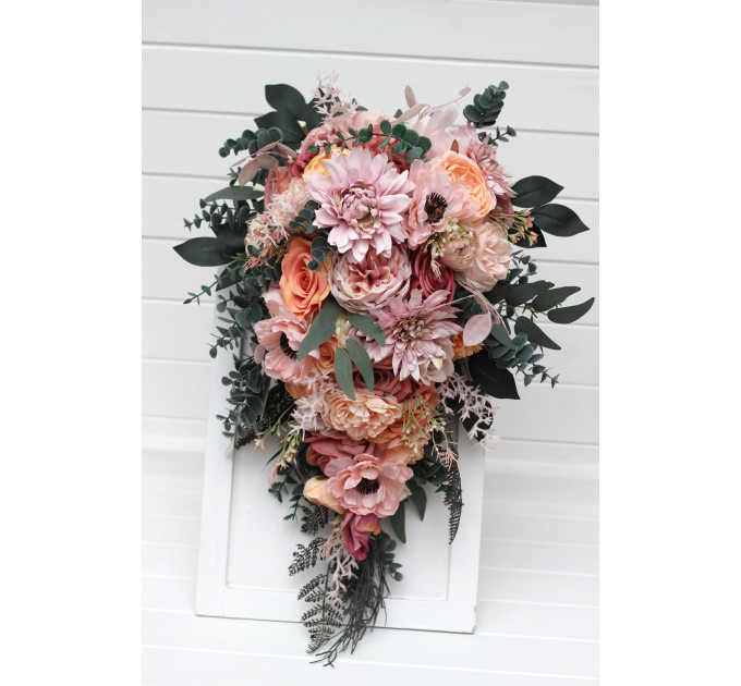 Romantic Cascading Wedding Bouquet in Dusty Rose, Blush Pink & Peach
