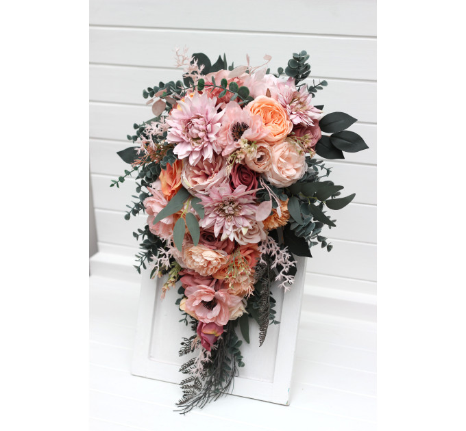Romantic Cascading Wedding Bouquet in Dusty Rose, Blush Pink & Peach