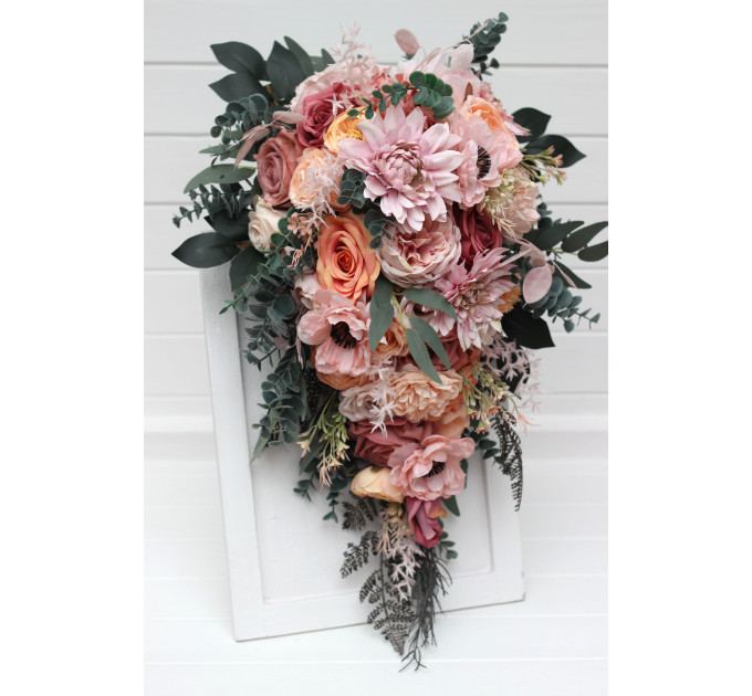 Romantic Cascading Wedding Bouquet in Dusty Rose, Blush Pink & Peach