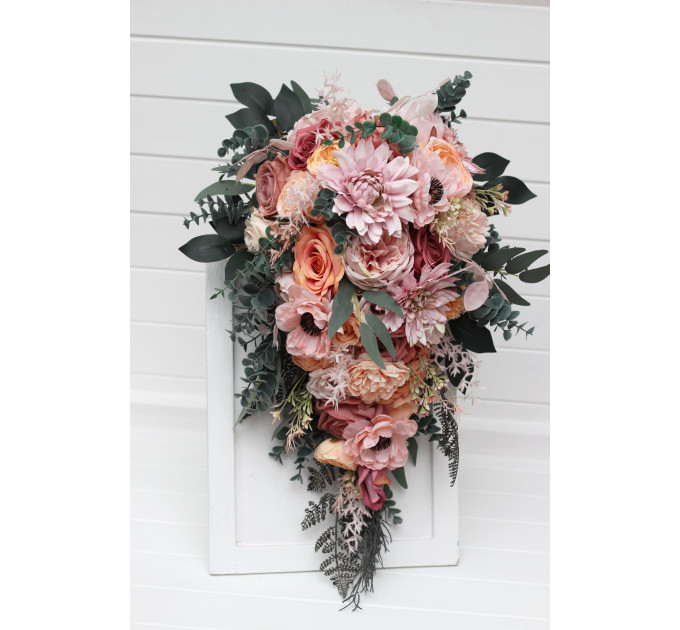 Romantic Cascading Wedding Bouquet in Dusty Rose, Blush Pink & Peach