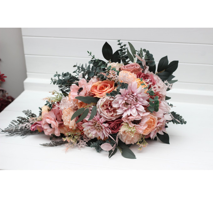 Romantic Cascading Wedding Bouquet in Dusty Rose, Blush Pink & Peach