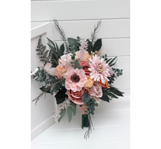 Romantic Cascading Wedding Bouquet in Dusty Rose, Blush Pink & Peach