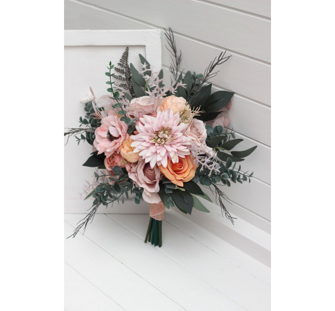 Romantic Cascading Wedding Bouquet in Dusty Rose, Blush Pink & Peach