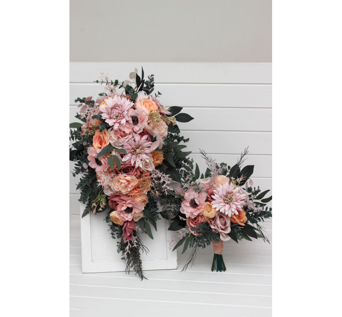 Romantic Cascading Wedding Bouquet in Dusty Rose, Blush Pink & Peach