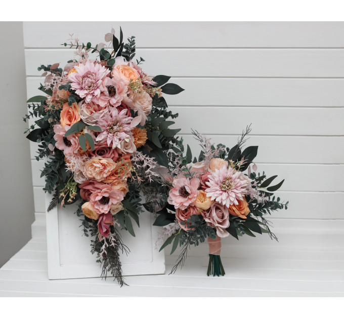 Romantic Cascading Wedding Bouquet in Dusty Rose, Blush Pink & Peach