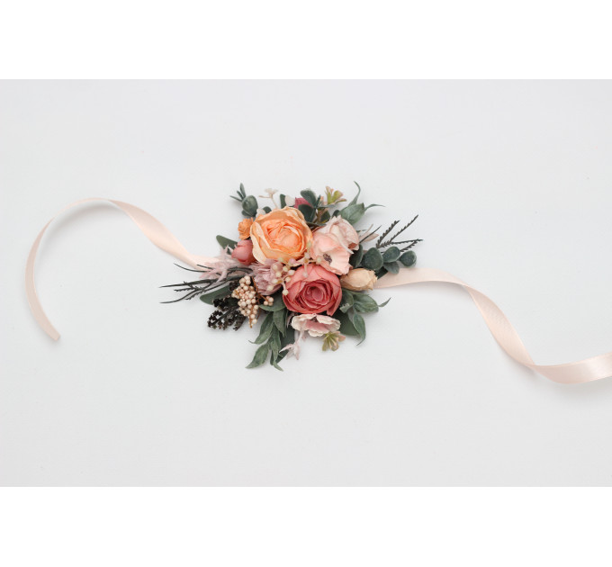 Romantic Wedding Flower Bracelet in Dusty Rose, Blush Pink & Peach