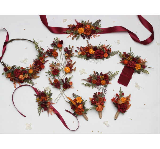 Autumn Wedding Boutonniere in Burgundy, Rust, Orange & Olive Green