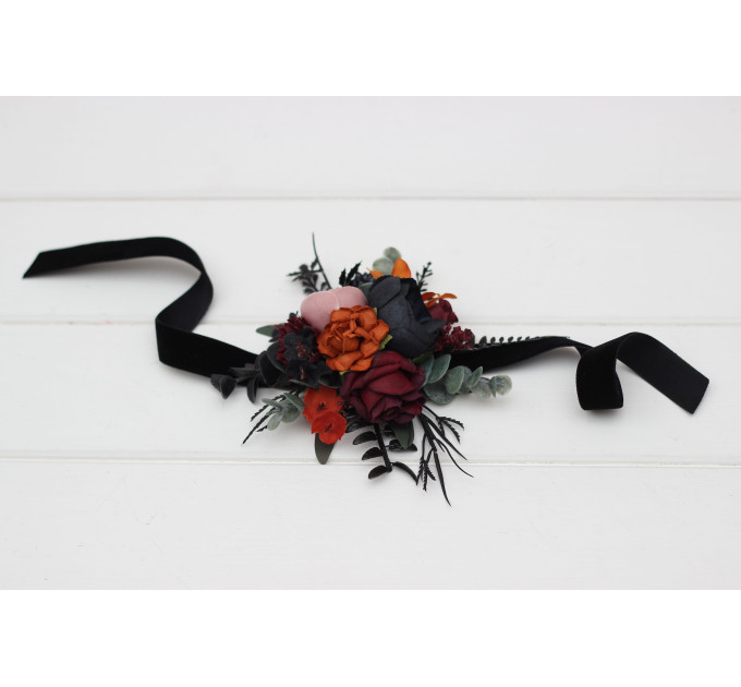 Moody Wedding Flower Bracelet in Burgundy, Rust, Black & Dusty Rose