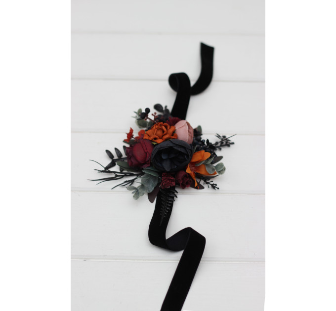 Moody Wedding Flower Bracelet in Burgundy, Rust, Black & Dusty Rose