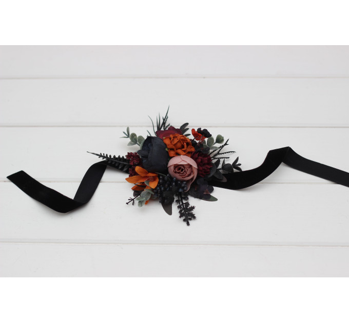 Moody Wedding Flower Bracelet in Burgundy, Rust, Black & Dusty Rose