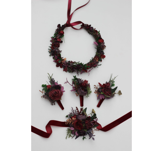 Moody Wedding Boutonniere with Burgundy and Deep Purple Flowers