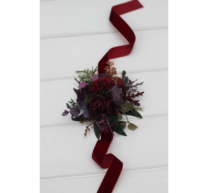 Moody Wedding Floral Bracelet in Burgundy, Deep Purple & Forest Green