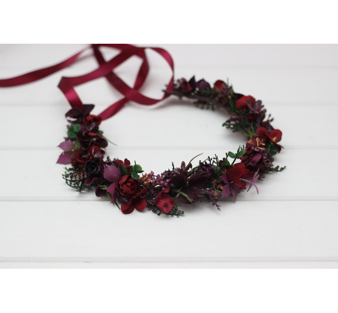 Moody Wedding Floral Crown with Dark Burgundy Flowers