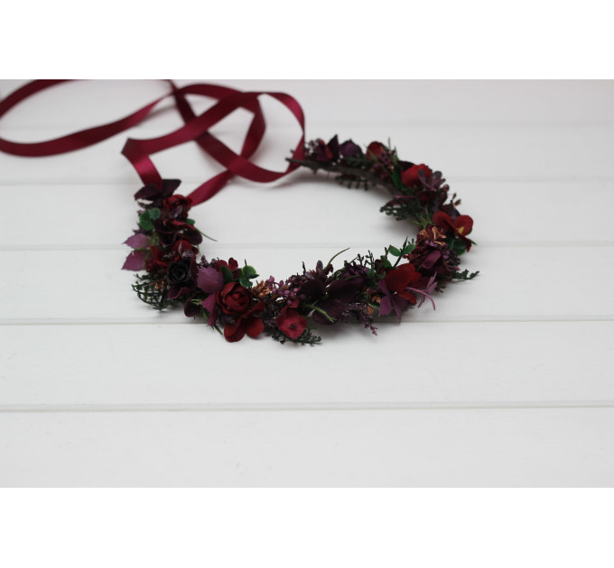 Moody Wedding Floral Crown with Dark Burgundy Flowers