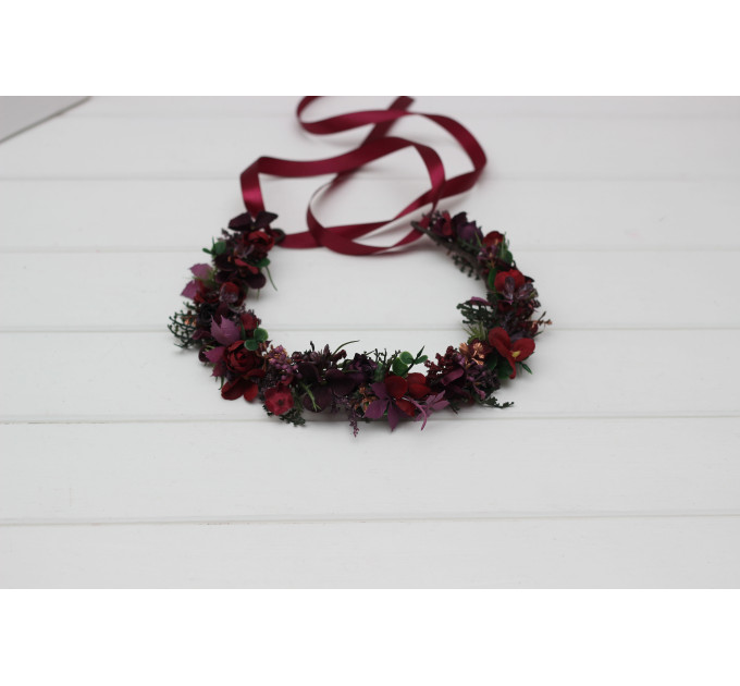 Moody Wedding Floral Crown with Dark Burgundy Flowers