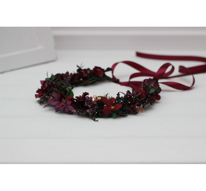 Moody Wedding Floral Crown with Dark Burgundy Flowers