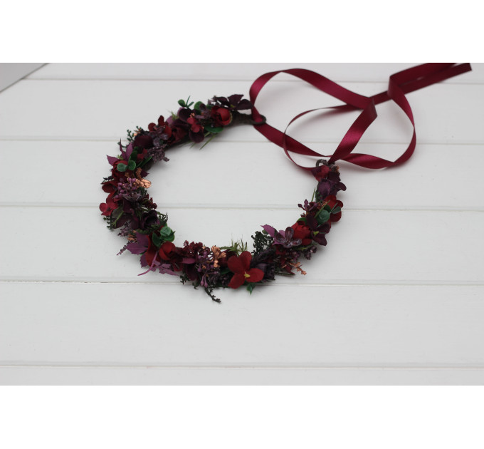 Moody Wedding Floral Crown with Dark Burgundy Flowers