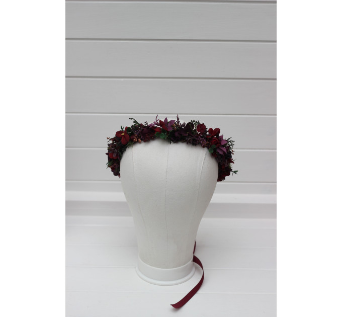 Moody Wedding Floral Crown with Dark Burgundy Flowers