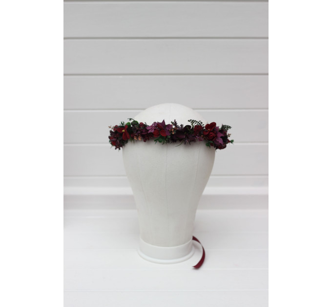Moody Wedding Floral Crown with Dark Burgundy Flowers