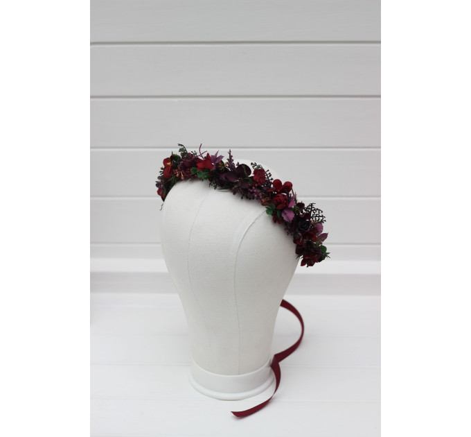 Moody Wedding Floral Crown with Dark Burgundy Flowers