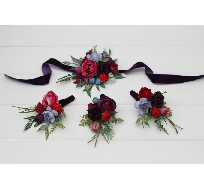 Jewel Tone Wedding Boutonniere in Red, Pink & Purple