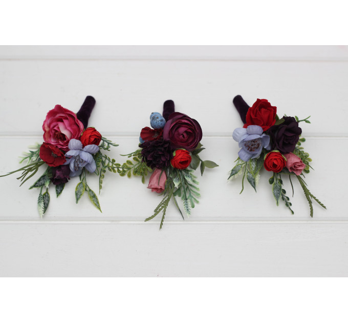 Jewel Tone Wedding Boutonniere in Red, Pink & Purple