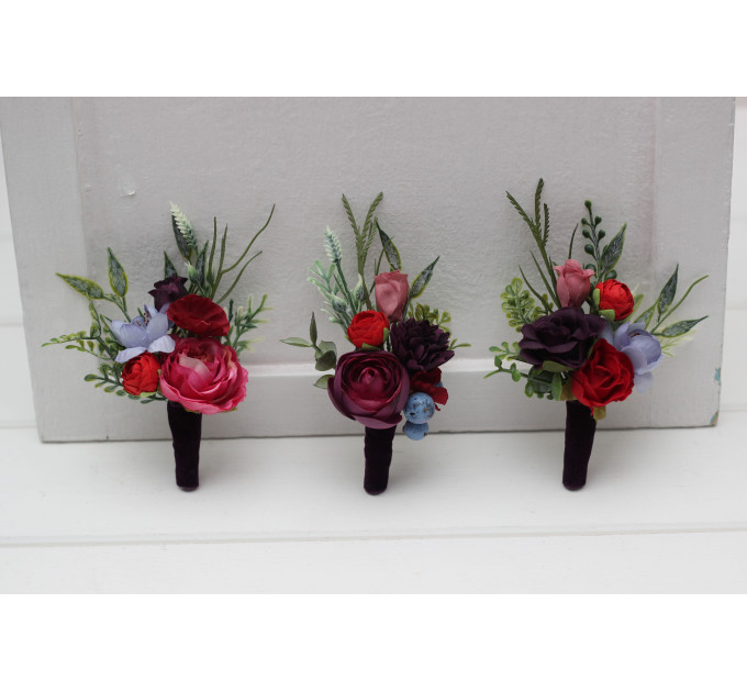Jewel Tone Wedding Boutonniere in Red, Pink & Purple