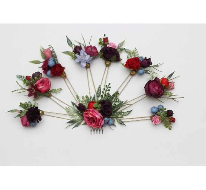 Jewel Tone Wedding Hair Pins in Red, Pink & Purple