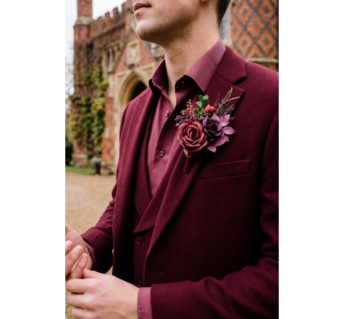 Moody Wedding Boutonniere with Burgundy and Deep Purple Flowers