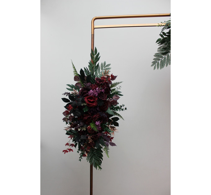 Moody Wedding Arch Arrangements in Burgundy, Deep Purple & Forest Green