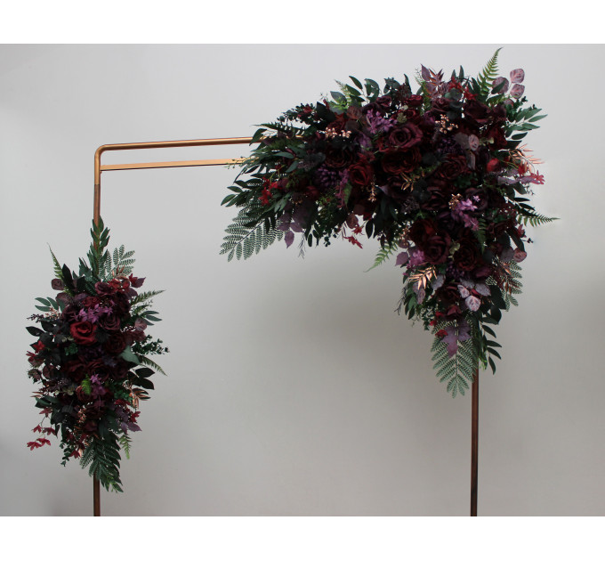 Moody Wedding Arch Arrangements in Burgundy, Deep Purple & Forest Green