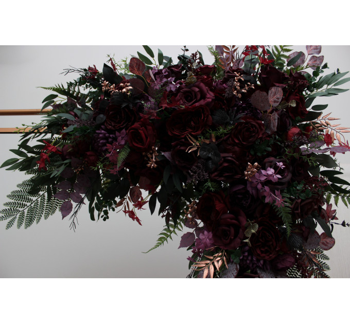 Moody Wedding Arch Arrangements in Burgundy, Deep Purple & Forest Green