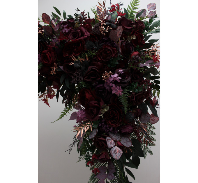 Moody Wedding Arch Arrangements in Burgundy, Deep Purple & Forest Green