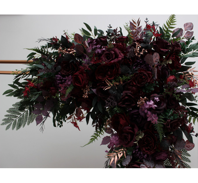 Moody Wedding Arch Arrangements in Burgundy, Deep Purple & Forest Green