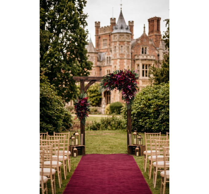 Moody Wedding Arch Arrangements in Burgundy, Deep Purple & Forest Green
