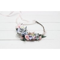 Dusty blue blush pink white  flower crown. Hair wreath. Flower girl crown. Wedding flowers. 0509-1