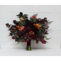 Protea calla lilies bouquet. Deep burgundy rust bridal bouquet. Hunter green bouquet. Wedding flowers. Silk flowers. Boho wedding.  5011