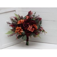 Protea calla lilies bouquet. Deep burgundy rust bridal bouquet. Hunter green bouquet. Wedding flowers. Silk flowers. Boho wedding.  5011