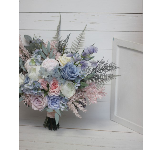 Wedding bouquets in dusty blue blush pink white colors. Bridal bouquet. Cascading bouquet. Faux bouquet. Bridesmaid bouquet. 0509-1