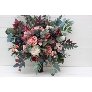 Wedding bouquets in navy blue dusty rose mauve colors. Bridal bouquet. Cascading bouquet. Faux bouquet. Bridesmaid bouquet. 5012