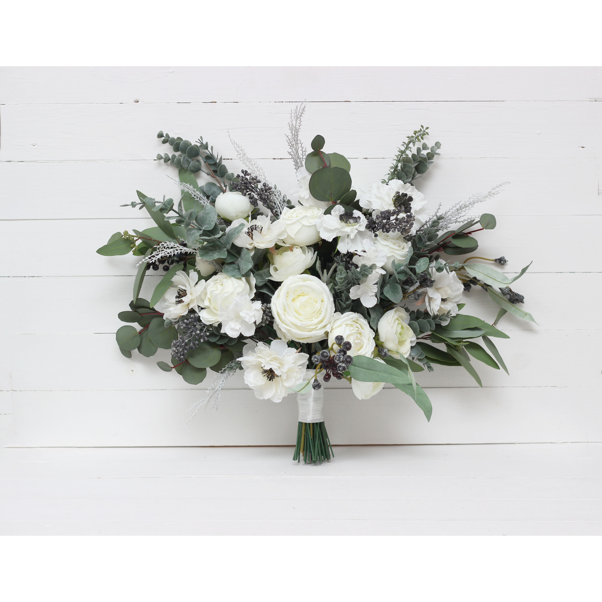 White Anemone Bridal Bouquet – Faux Cascading Wedding Flowers
