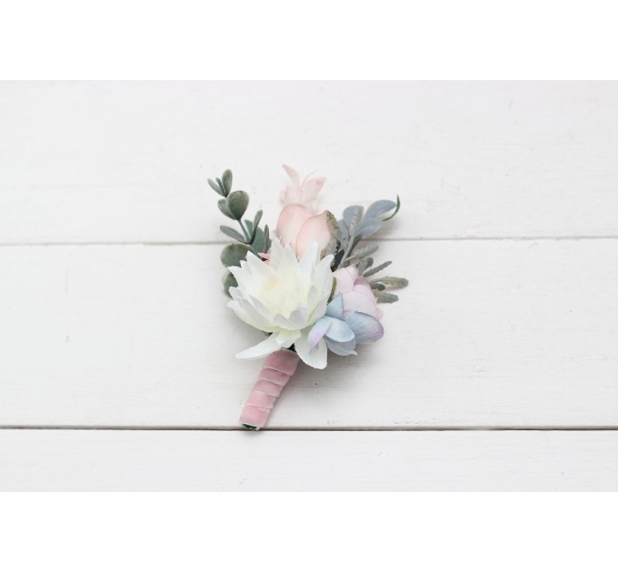  Wedding boutonnieres  in dusty blue blush pink white color scheme. Flower accessories. 0509-1
