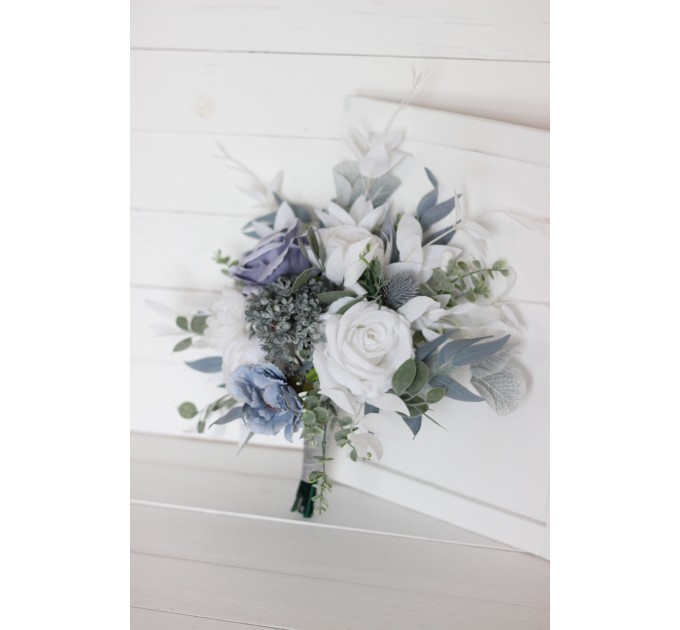 Wedding bouquets in dusty blue white colors. Bridal bouquet. Faux bouquet. Bridesmaid bouquet. 5015