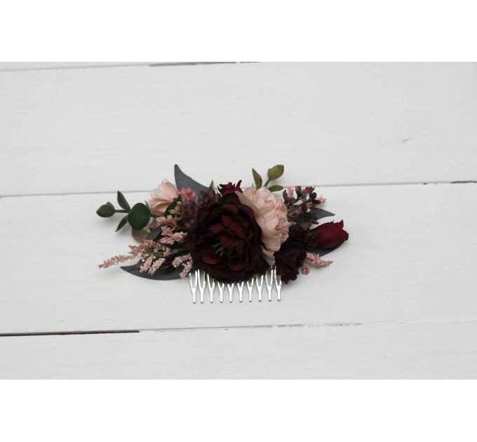 Flower comb in purple burgundy beige black color scheme. Wedding accessories for hair. Bridal flower comb. Bridesmaid floral comb. 5016