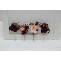  Set of 4 hair pins in  purple burgundy beige color scheme. Hair accessories. Flower accessories for wedding.  5016